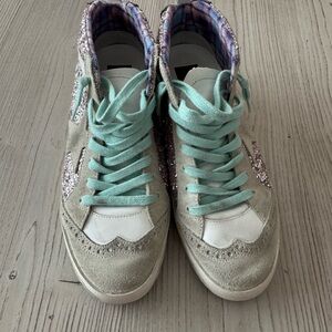 Golden Goose Mint and Pink Glitter High-Top Sneakers